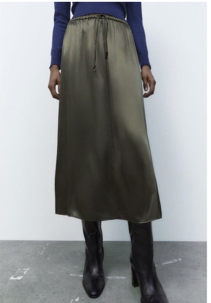 Zara Satin Effect Midi Skirt Olive Green Pull On Drawstring sz XL