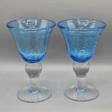 Artland Hand Blown Blue Bubble Glass Goblets 7.5” Set of 2 Vintage Barware