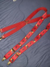 VTG PELICAN BRAND CHRISTMAS MEN'S SUSPENDERS RED WITH STOCKINGS  FRENCH HORN