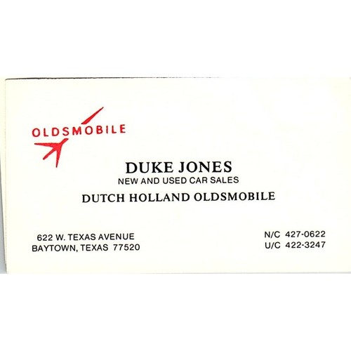 Duke Jones Dutch Holland Oldsmobile Baytown TX Vintage Business Card