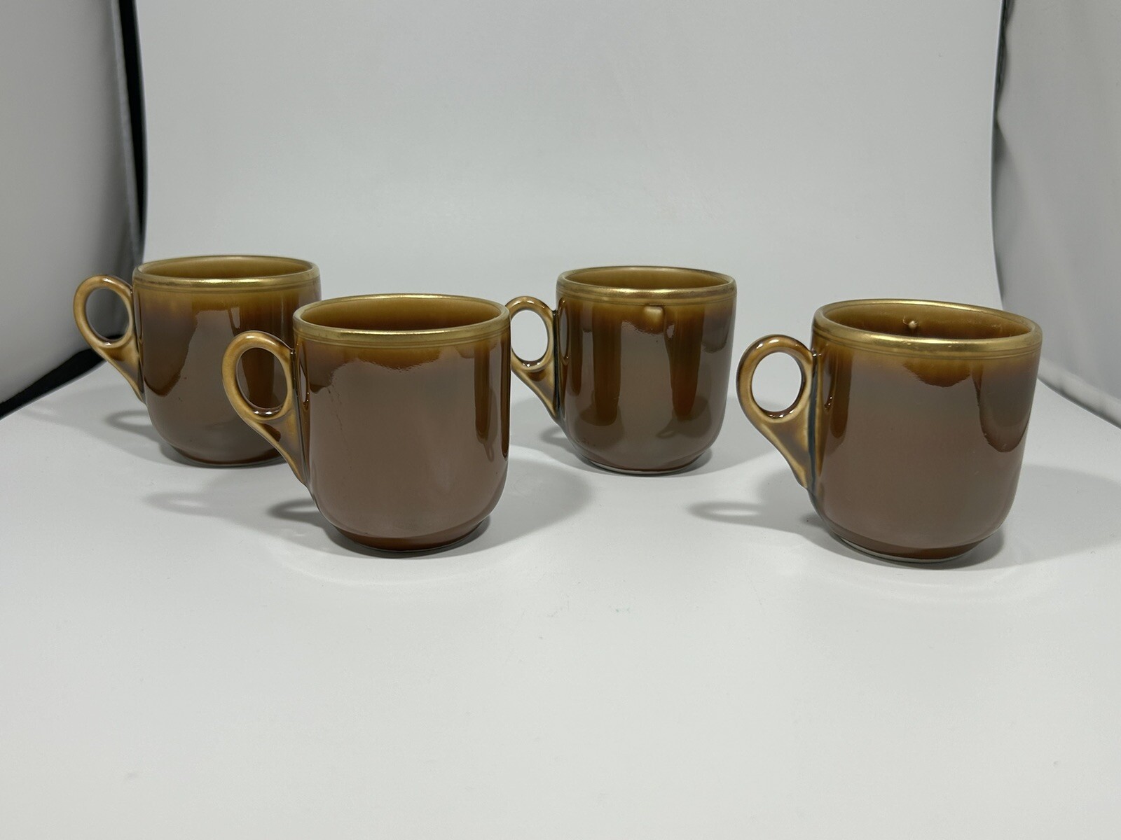Vintage Fraunfelter China Set of 4 Espresso Cups Ohio Brown Luster Gold USA