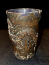 ANTIQUE OLD TIBETIAN PUTER MATERIAL ZINK DRAGON ON GLASS EMBOSS COLLECTIBLE RARE