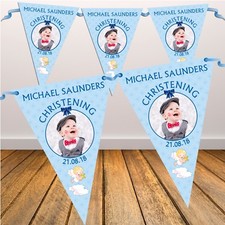 Personalised Boys Christening Baptism Photo Flag Banner Bunting Decoration N3