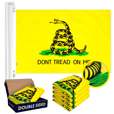 G128 5 Pack: Gadsden Don't Tread On Me Flag 1x1.5 Ft Double Sided Embr 210D Poly