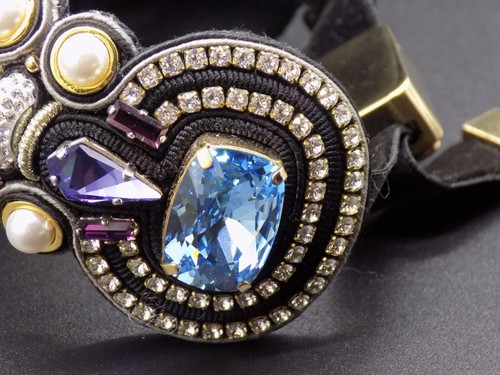 Izabela Felinski Bracelet Blue Noire Swarovski Crystal Statement Suede Strap - Picture 8 of 16