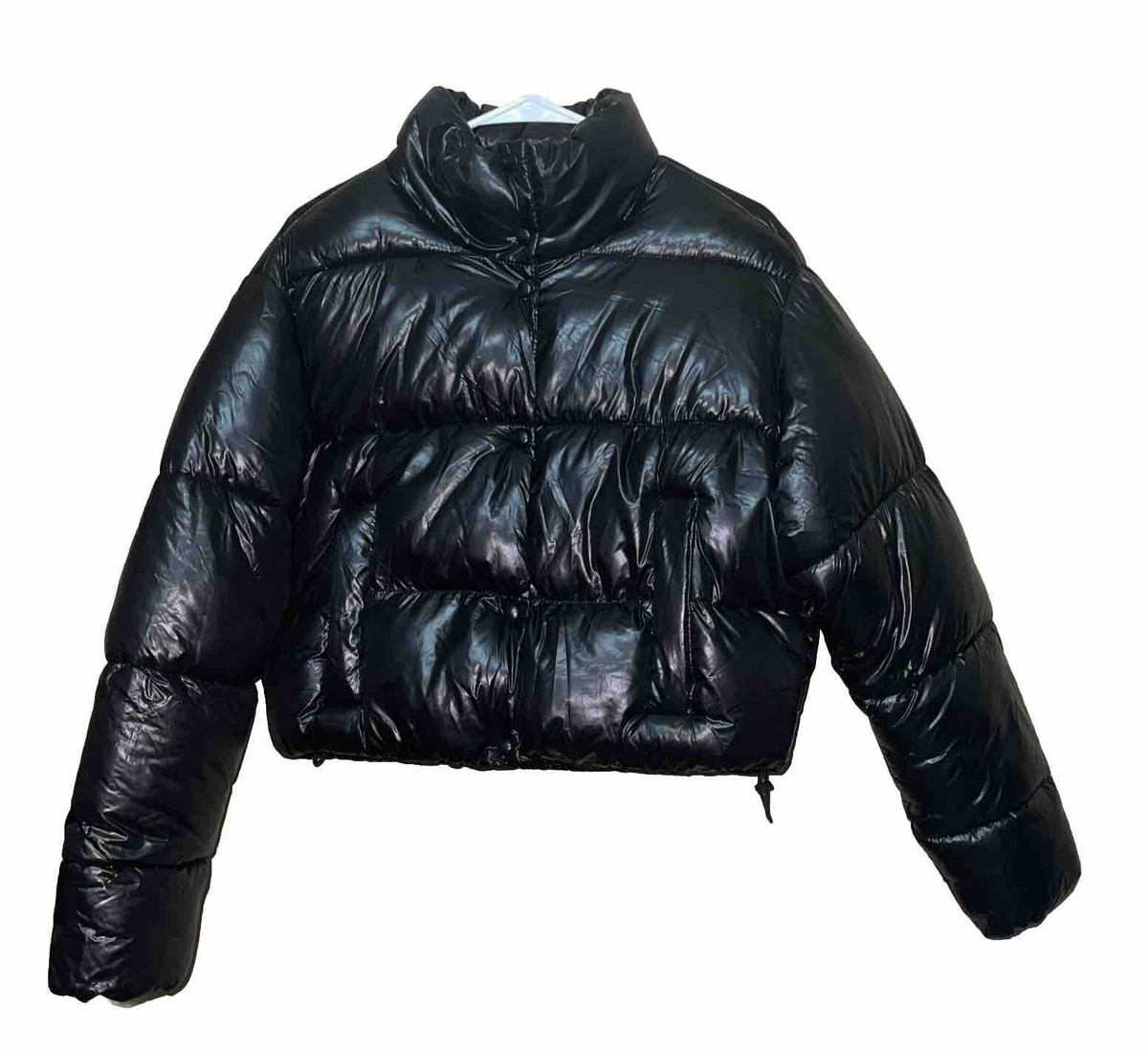 ZARA Down Puffer Jacket Womens S Black Full Zip Quilted Cropped sz