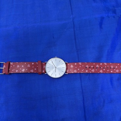 Coach Perry Watch With 36mm Silver Face & Red Heart Patterned Leather Band