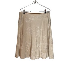Linen Blend Floral Embroidered Midi A-Line Skirt 10 Tan Cottagecore Coquette