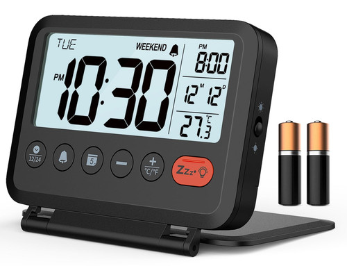 Digital Travel Alarm Clock, Black, 3.54 inch LCD Display, 9-Minute Snooze, 2 ...