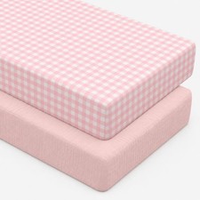 2 Pcs Muslin Pink and Pink Gingham Crib Sheets for Girl Soft and Breathable 1...