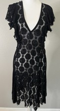Black Crochet Lace Flutter Sleeve Mini Dress Open Back Goth Boho Festival S/M