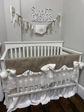 crib bedding set, custom made natural linen trimmed in white linen