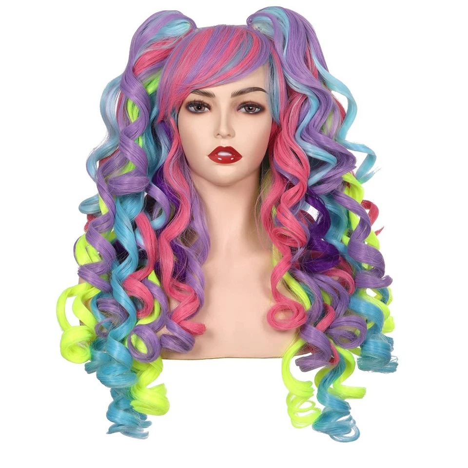 Long Curly Cosplay Wig with 2 Ponytails Purple/Pink/Blue/Green - Image 2 of 4