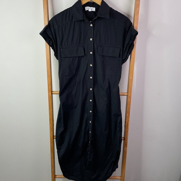 Witchery Shirt Dress Womens 4 Black Short Sleeve Button Up Midi Pockets Workwear