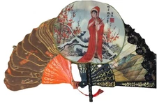 VTG Chinese Silk Hand Fan Fans 3 tuanshan ASIAN Decor Plum Blossom Artwork THREE