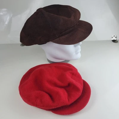 Deux Bérets Femme Vintage Cuir Marron Clair et Feutre de Laine Rouge Années 80s - Photo 1/4