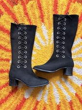 Vintage 60s 70s black, suede knee-high boots Lace-up design Mod Psych Hippie