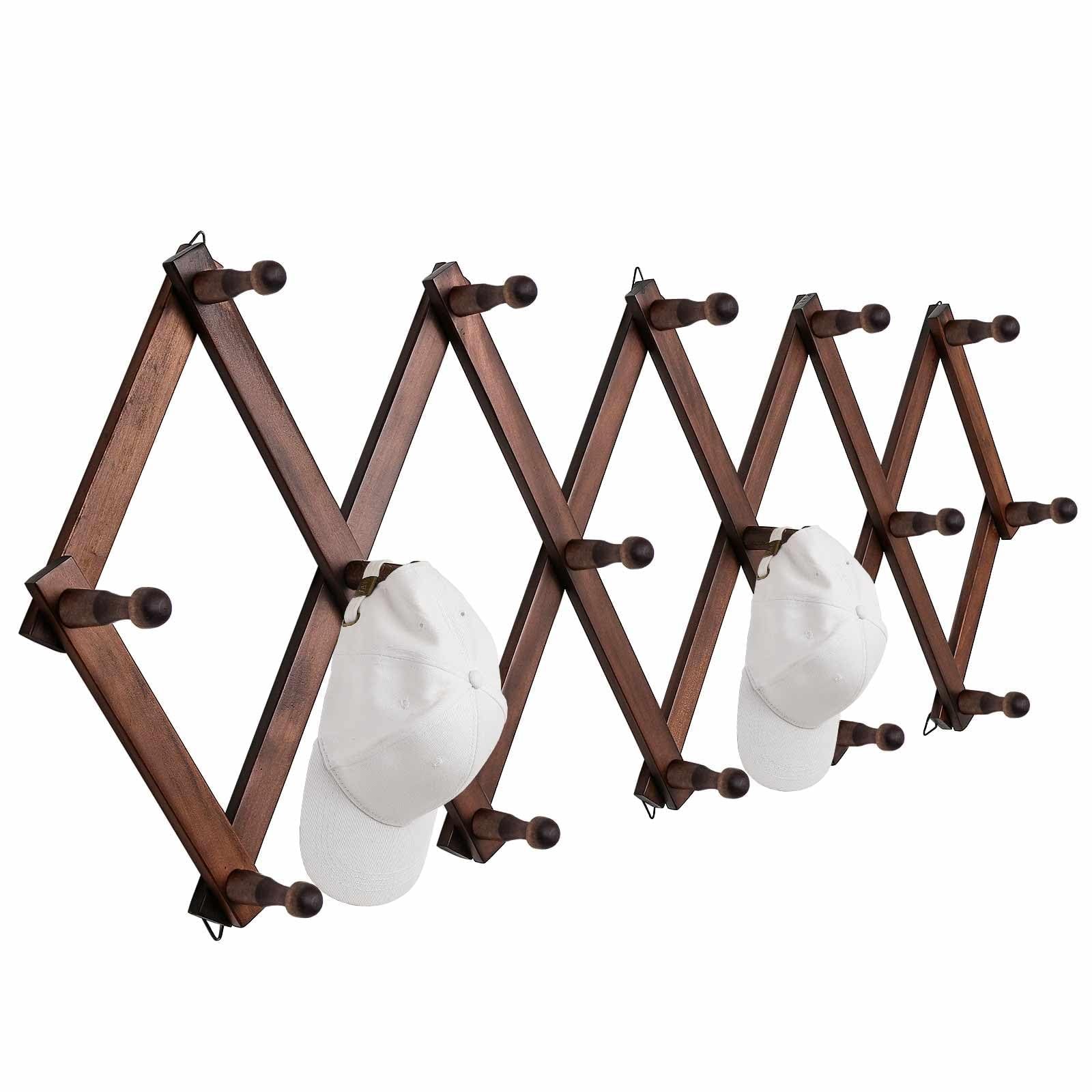 Expandable Wooden Wall Hat Rack with 16 Hooks for Stylish Storage