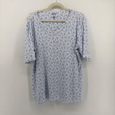 Croft & Barrow Size L White Blue Floral V-Neck Short Sleeve 100% Cotton Tee Top
