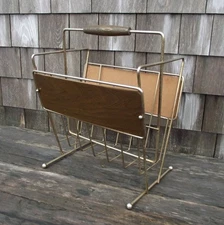 Vintage Mid Century Gold Metal Magazine Record Rack Holder Wood Handle 17" MCM