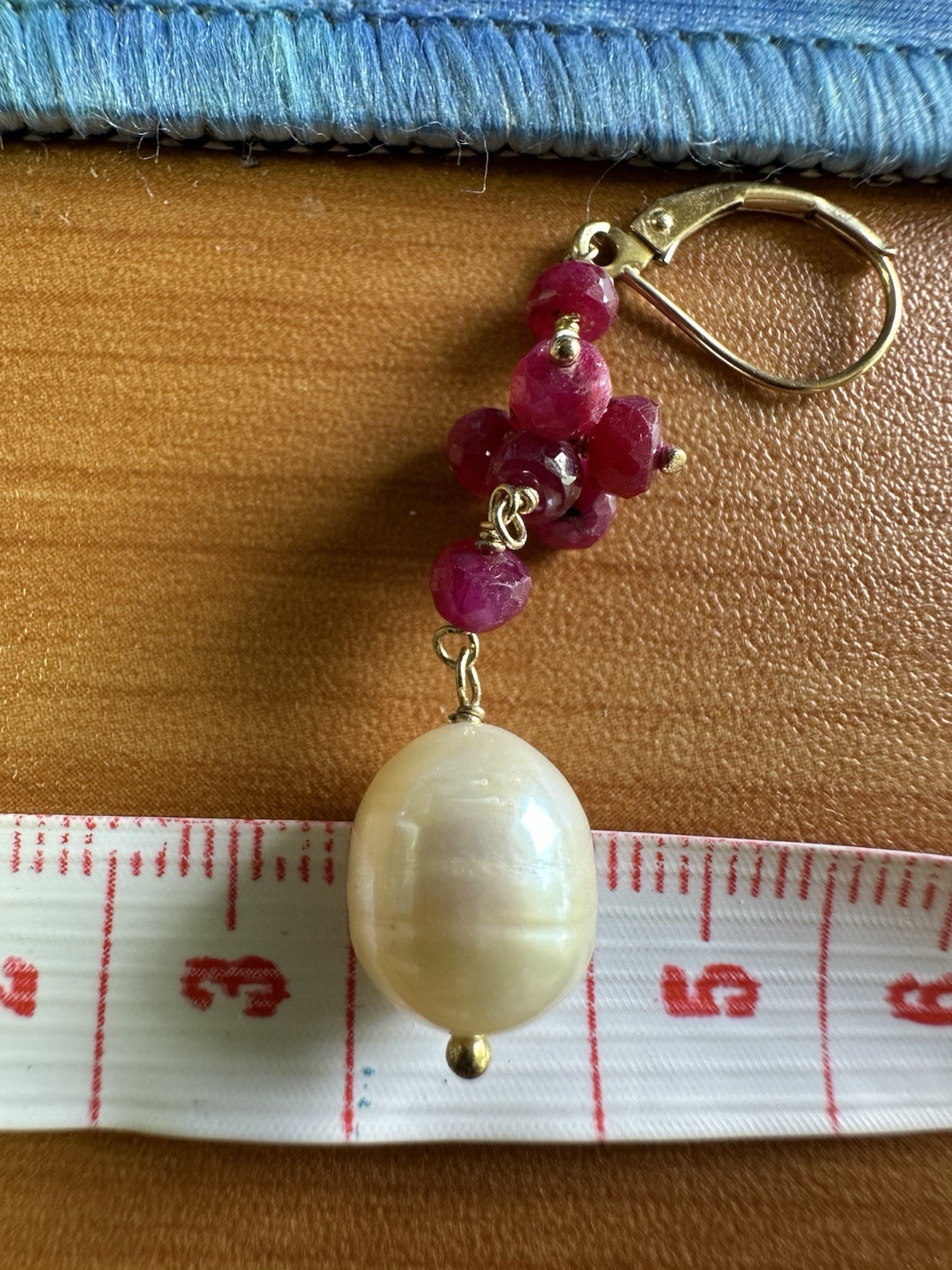 14K Solid Gold Leverback Earrings Dangle pearl Ru… - image 5