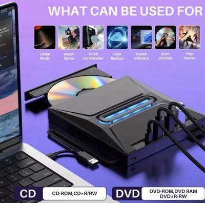 New 8-in-1 Luminous External CD DVD Drive USB 3.0 Type-C Portable Burner Player