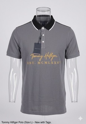 Tommy Hilfiger Men's Polo Shirt Size L Gray Gold Embroidered Logo NWT Short...