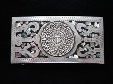 OB01162 VINTAGE 1970s  MAYAN CALENDER  ABALONE SOUTHWESTERN DESIGN BELT BUCKLE