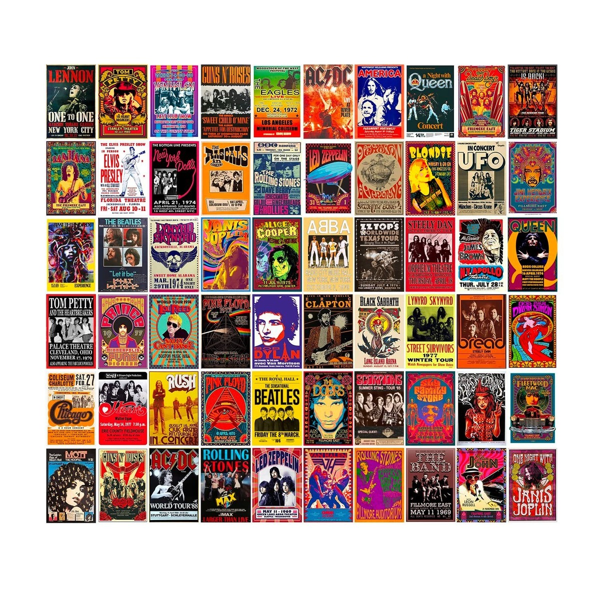 60 PC Vintage Rock Band Posters Set - 70s 80s 90s Retro Concert
