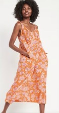 New Old Navy Women’s Size L Orange Pink Floral Maxi Tiered Sundress Pockets