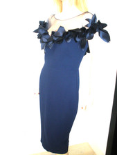 $1500 OSCAR STYLE NAVY SHEER&CREPE OFF SHOULDER COKTAIL PARTY MIDI DRESS 6/42