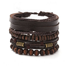4pcs Vintage Multi-Layer Wooden Beads Leather Bracelets Unisex Set - NEW