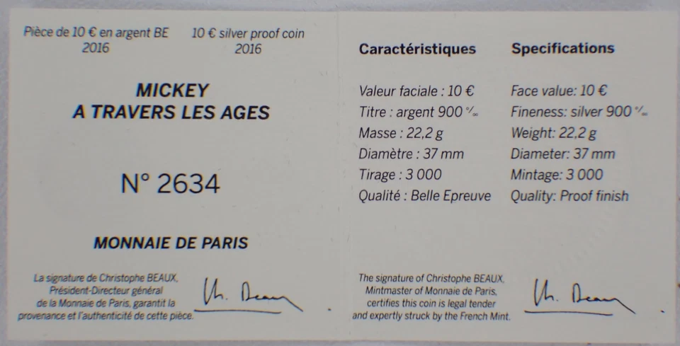 2016 MONNAIE DE PARIS 10 欧元 22 克 0.9 银米奇老鼠证明硬币 — 第 3/4 张图片