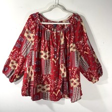 Chaps Red Patchwork Print Blouse Women Sz 3X ...