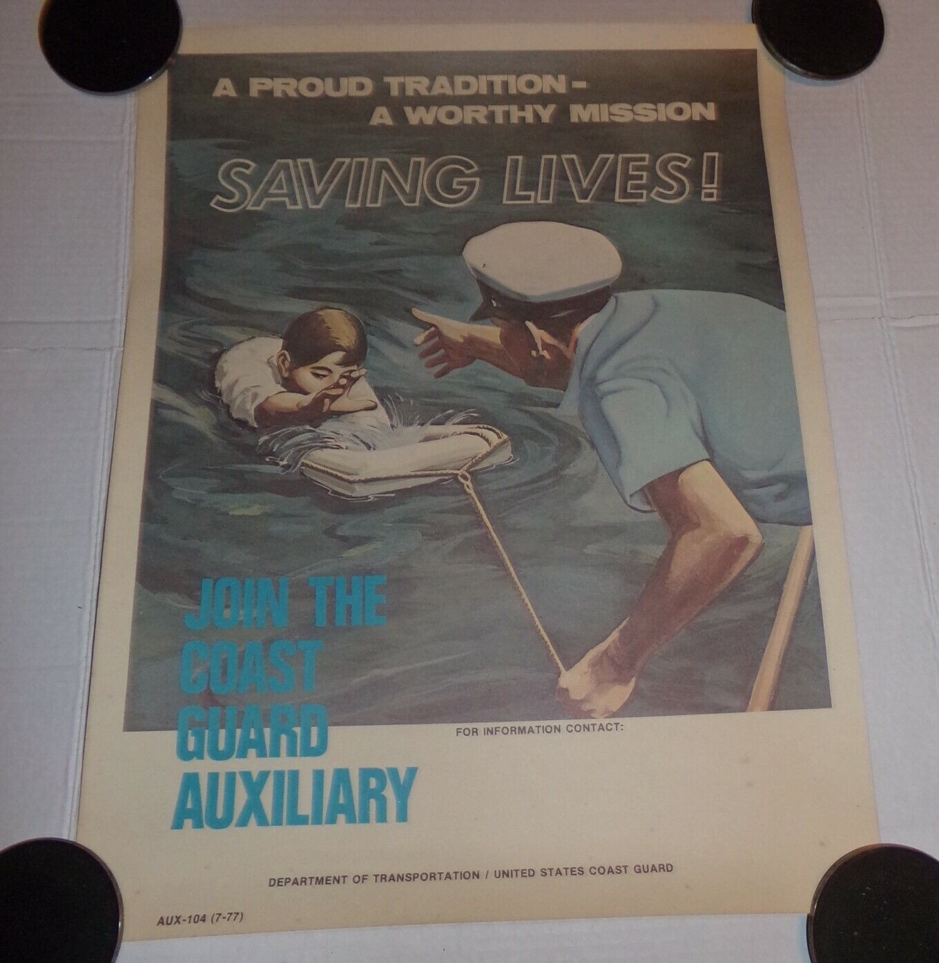 Original Vintage 1970's Auxiliary Coast Guard Recruiting Poster Saving Lives 