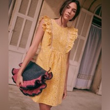 Sezane Chacha Ruffle Eyelet Dress Ecru Yellow Size 40 French US 8 Bohemian Boho