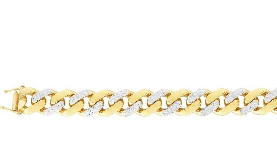 Pulseira Link Miami Cubana 8,5" Ouro Amarelo 14k 11,5 mm Alt White Pave Lite 14grm