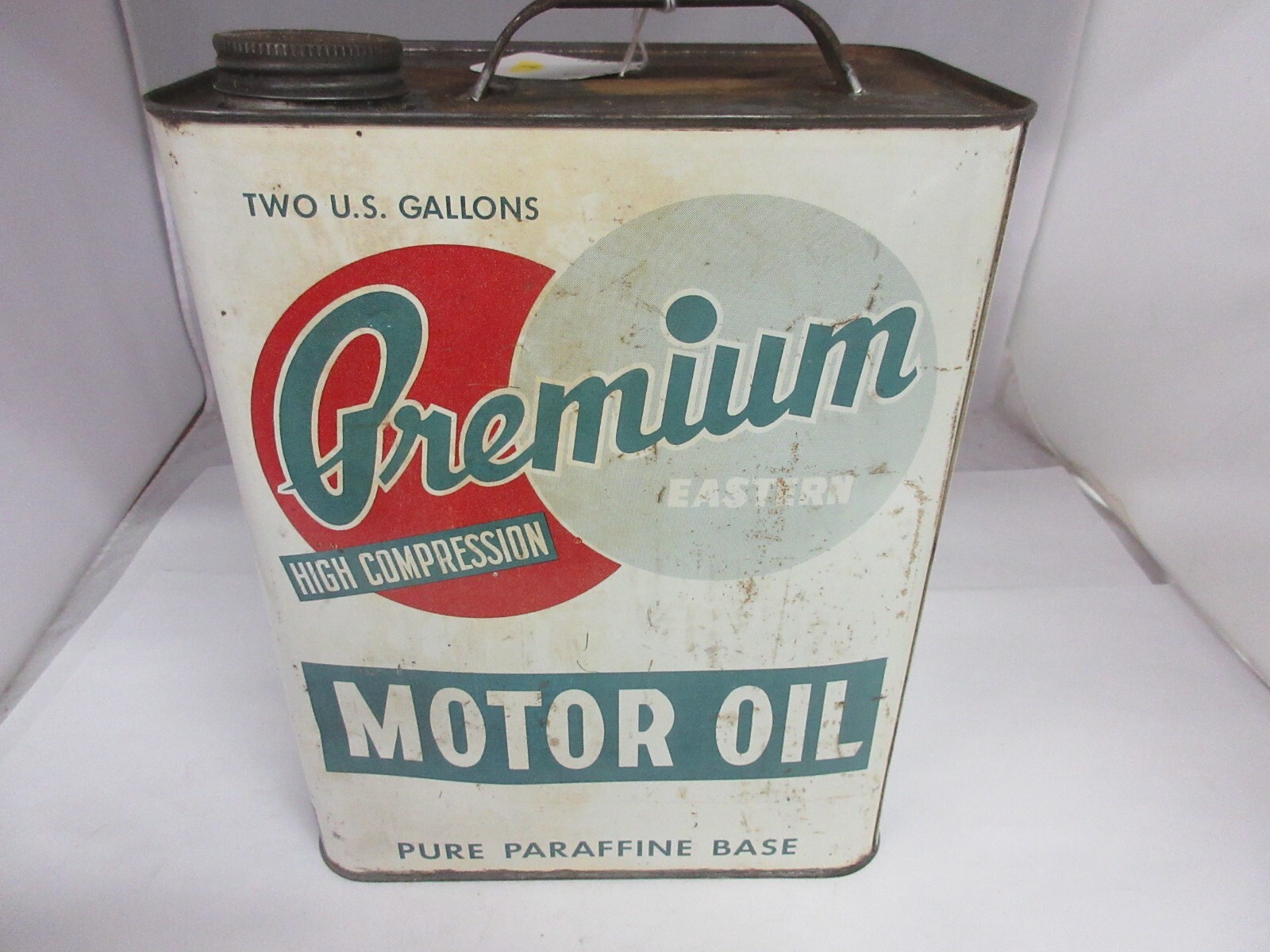VINTAGE ADVERTISING PREMIUM MOTOR OIL 2 GALLON CAN TIN GARAGE SHOP C ...