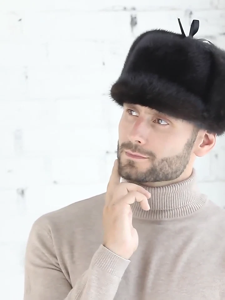 Sombrero 100 % real de piel de visón entero guapo de lujo grueso invierno cálido gorra para hombres Foto 3 de 4