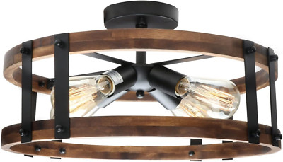Rustic Wood Drum Semi Flush Mount Ceiling Light for Modern Farmhouse Spaces