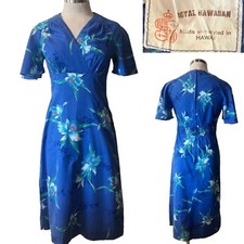 ROYAL HAWAIIAN Vintage '70s Blue Floral 100 Cotton Dress 10-12AUST-UK/8US