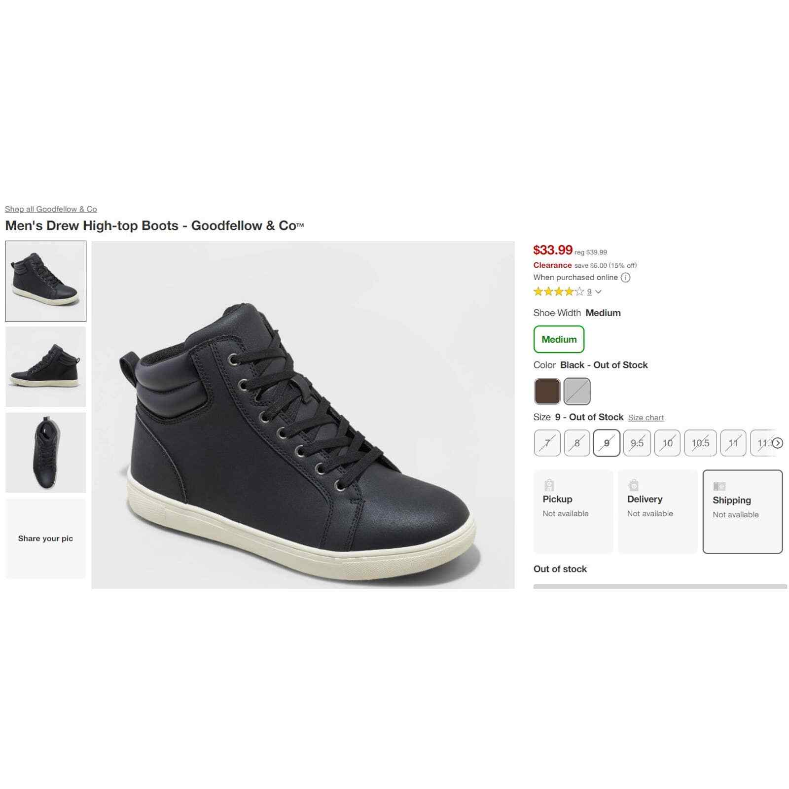 Men's Drew Hightop Sneaker Boots Goodfellow & Co Black, Sz 101/2