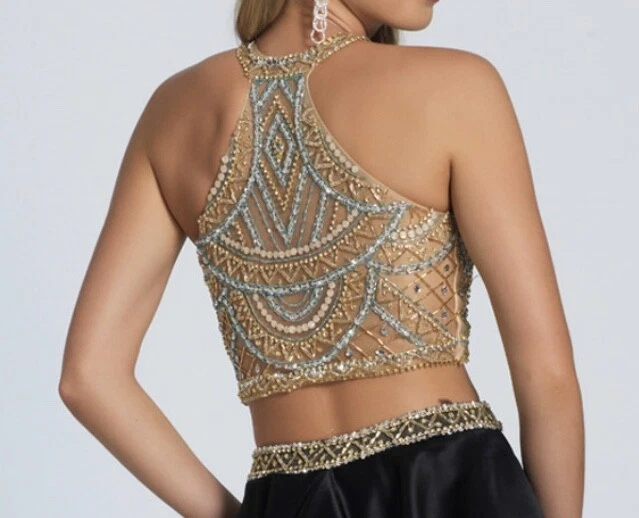 DAVE JOHNNY Beaded Crop Top Long A Line Skirt 2 Pc Prom Formal