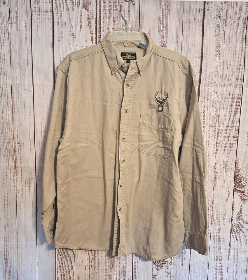 Camisa Blue Generation LS Para Hombre L L L Lona Caqui Ciervo Emblema Foto 3 de 4