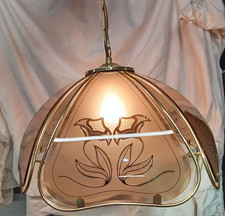 Lustre Ancien Vintage 1960 en Vitraux et Acier doré-(C16)