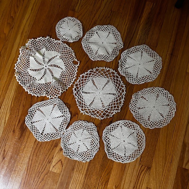 Vintage Handmade Crochet Doilies; lot of 9; various sizes; similar patterns