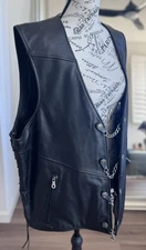 Harley Davidson Black Biker Chain Links Motorcycle Moto Leather Vest Lace Up XL