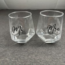 Mr Mrs Stemless Wine Glass Geometric Design Set of 2 Wedding Anniversary Gift