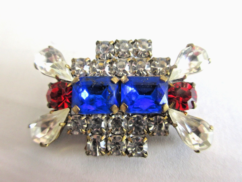 Stunning  Czech Vintage Style Glass Rhinestone Button     Crystal &Blue & Red