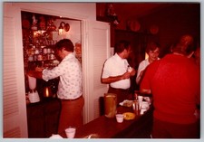 Vtg Color Snapshot Group At Home Bar Party Man Mixing Drinks In Blender 1975